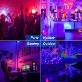 Collage of four scenes labeled 'Party', 'Holiday', 'Gaming', and 'Outdoor' with corresponding lighting effects.